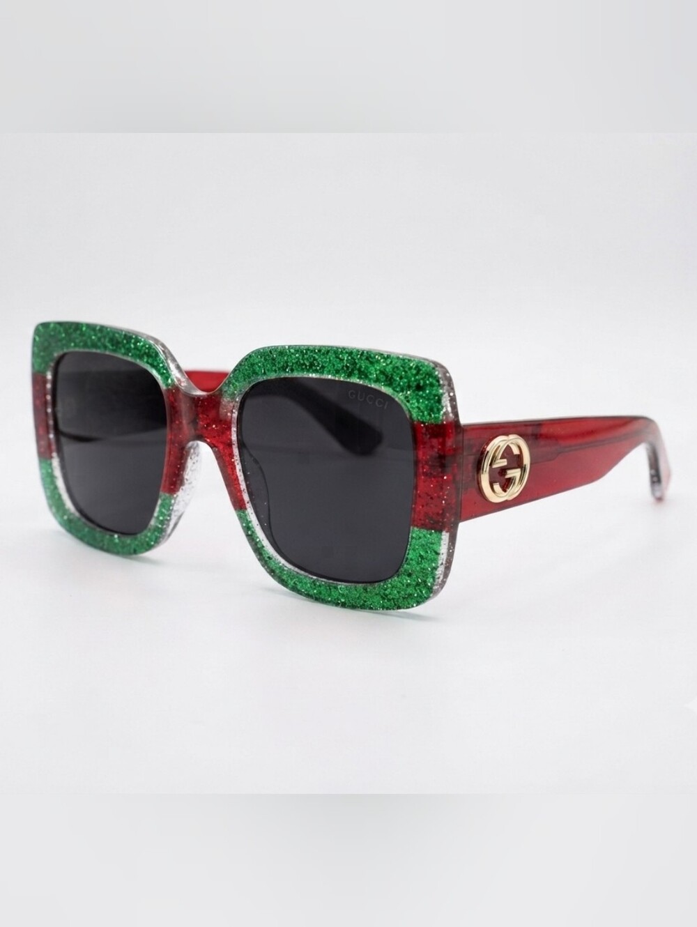 Gucci Green and Red Glitter Square Sunglasses with Gold GG Emblem